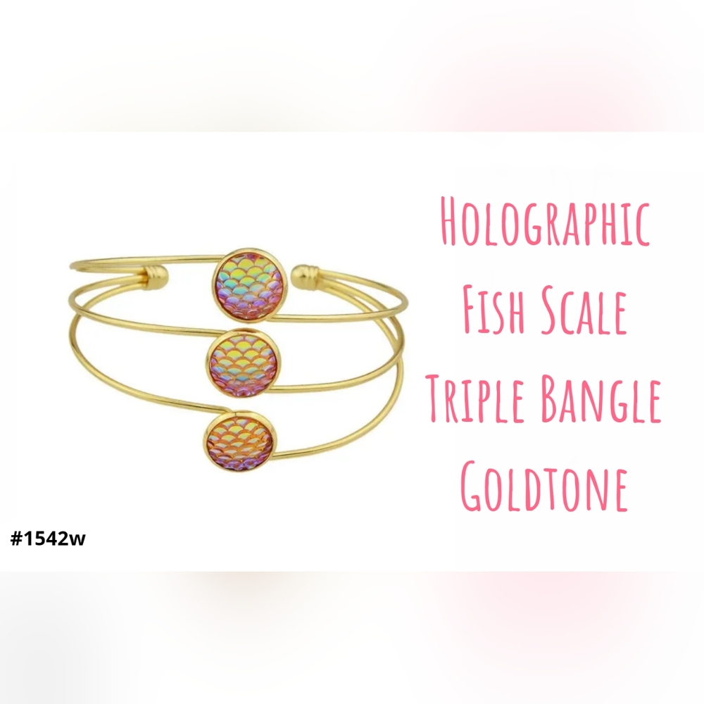 Cute Triple Holographic Fish Scale Bangle Bracelet, Goldtone, Pink